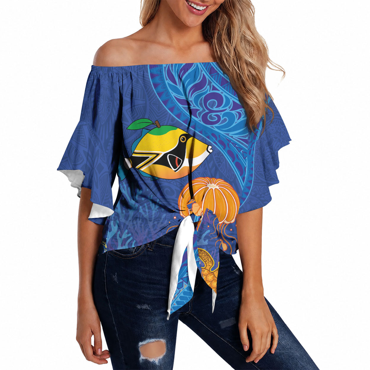 Hawaiian Funny Fruits Sea Animals Off Shoulder Wrap Waist Top Mango Reef Triggerfish and Pineapple Turtle and Mandarin Jellyfish LT03 Blue - Polynesian Pride