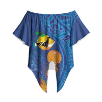 Hawaiian Funny Fruits Sea Animals Off Shoulder Wrap Waist Top Mango Reef Triggerfish and Pineapple Turtle and Mandarin Jellyfish LT03 - Polynesian Pride