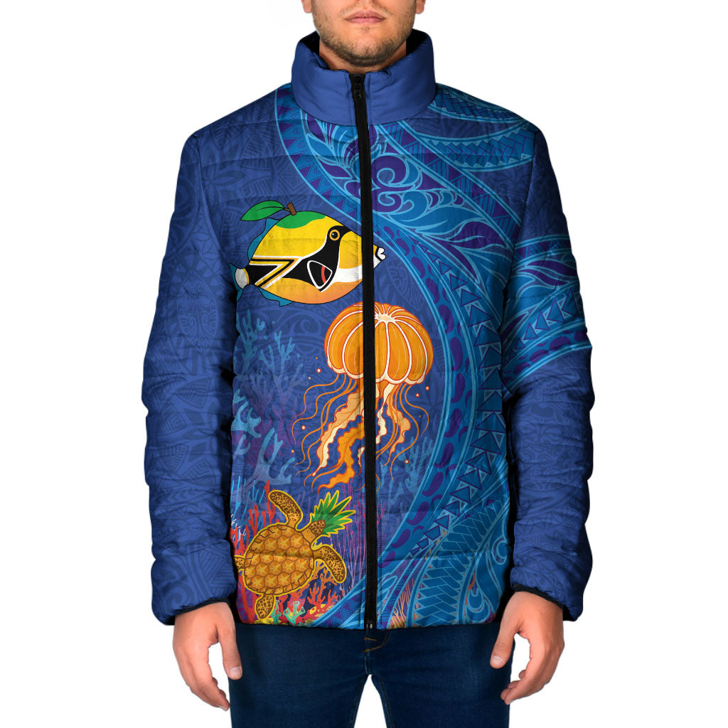 Hawaiian Funny Fruits Sea Animals Padded Jacket Mango Reef Triggerfish and Pineapple Turtle and Mandarin Jellyfish LT03 Men Blue - Polynesian Pride