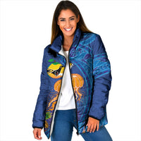 Hawaiian Funny Fruits Sea Animals Padded Jacket Mango Reef Triggerfish and Pineapple Turtle and Mandarin Jellyfish LT03 Women Blue - Polynesian Pride