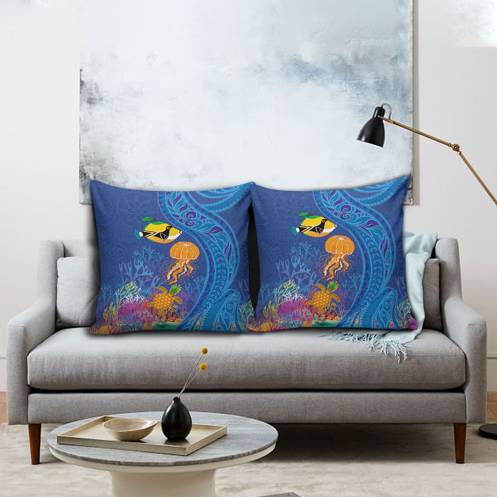 Hawaiian Funny Fruits Sea Animals Pillow Cover Mango Reef Triggerfish and Pineapple Turtle and Mandarin Jellyfish LT03 - Polynesian Pride