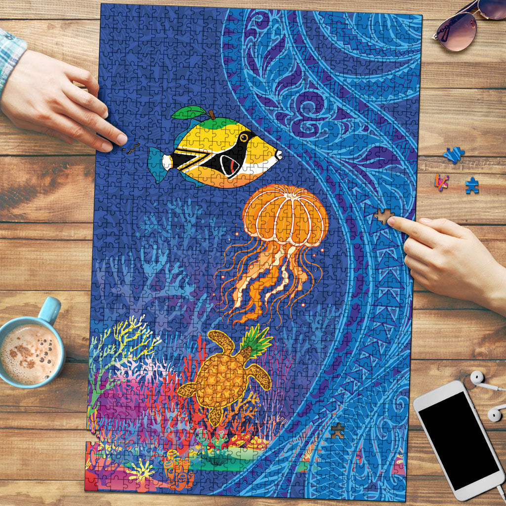 Hawaiian Funny Fruits Sea Animals Puzzle Mango Reef Triggerfish and Pineapple Turtle and Mandarin Jellyfish LT03 Blue - Polynesian Pride