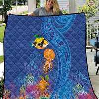 Hawaiian Funny Fruits Sea Animals Quilt Mango Reef Triggerfish and Pineapple Turtle and Mandarin Jellyfish LT03 Blue - Polynesian Pride