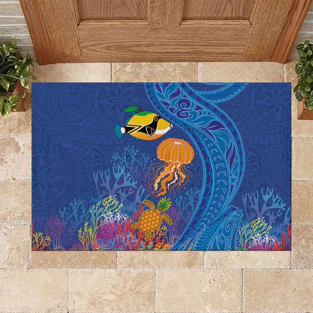 Hawaiian Funny Fruits Sea Animals Rubber Doormat Mango Reef Triggerfish and Pineapple Turtle and Mandarin Jellyfish LT03 Blue - Polynesian Pride