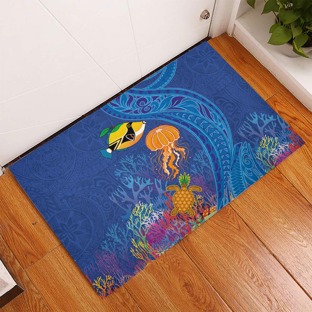 Hawaiian Funny Fruits Sea Animals Rubber Doormat Mango Reef Triggerfish and Pineapple Turtle and Mandarin Jellyfish LT03 - Polynesian Pride