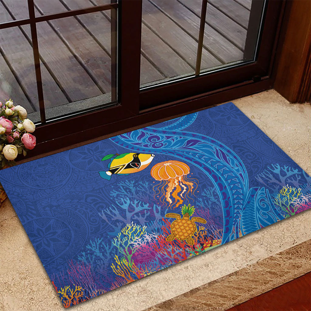 Hawaiian Funny Fruits Sea Animals Rubber Doormat Mango Reef Triggerfish and Pineapple Turtle and Mandarin Jellyfish LT03 - Polynesian Pride