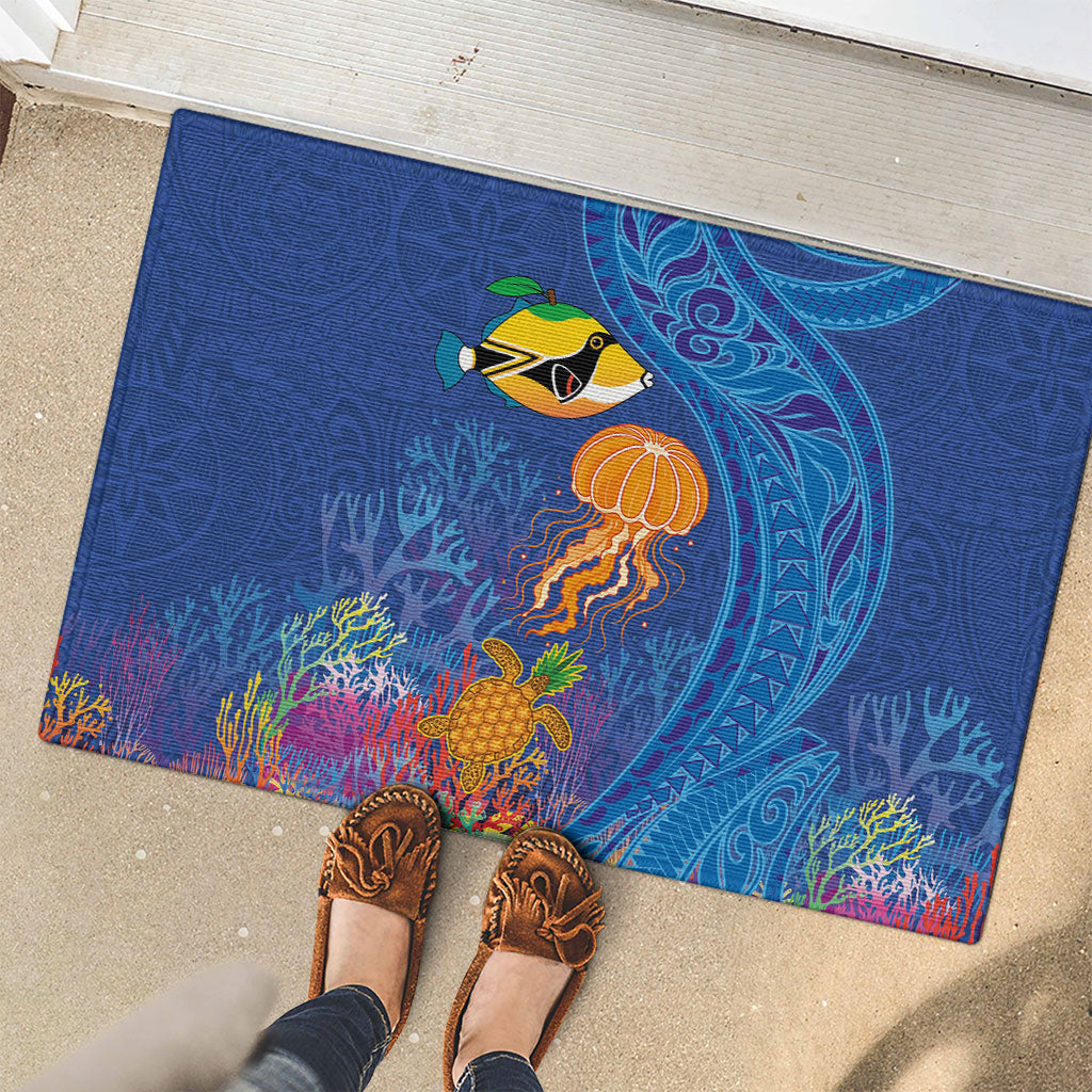 Hawaiian Funny Fruits Sea Animals Rubber Doormat Mango Reef Triggerfish and Pineapple Turtle and Mandarin Jellyfish LT03 - Polynesian Pride