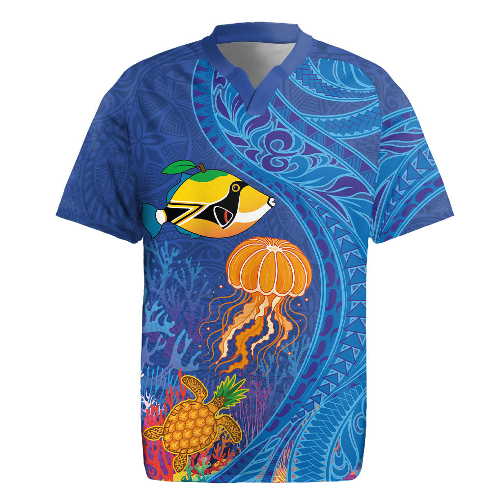 Hawaiian Funny Fruits Sea Animals Rugby Jersey Mango Reef Triggerfish and Pineapple Turtle and Mandarin Jellyfish LT03 Blue - Polynesian Pride