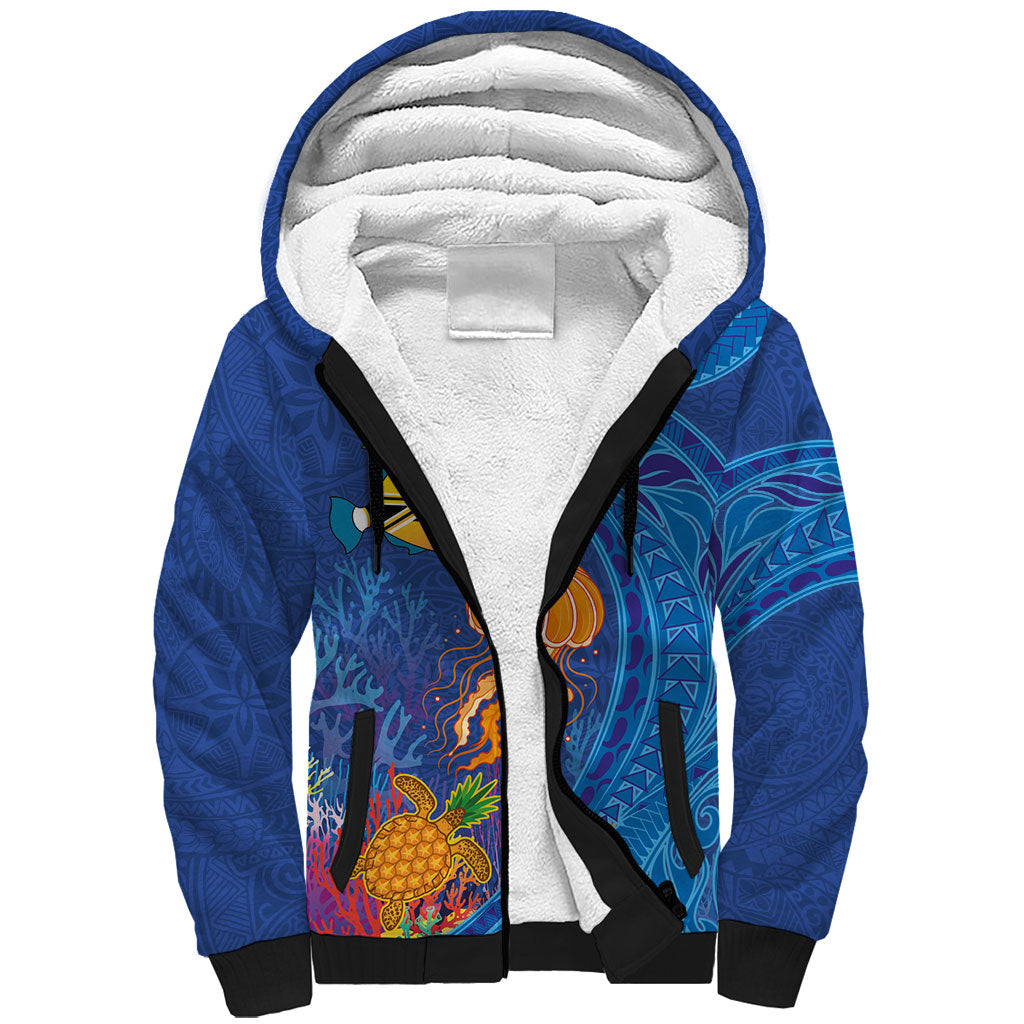 Hawaiian Funny Fruits Sea Animals Sherpa Hoodie Mango Reef Triggerfish and Pineapple Turtle and Mandarin Jellyfish LT03 Unisex Blue - Polynesian Pride
