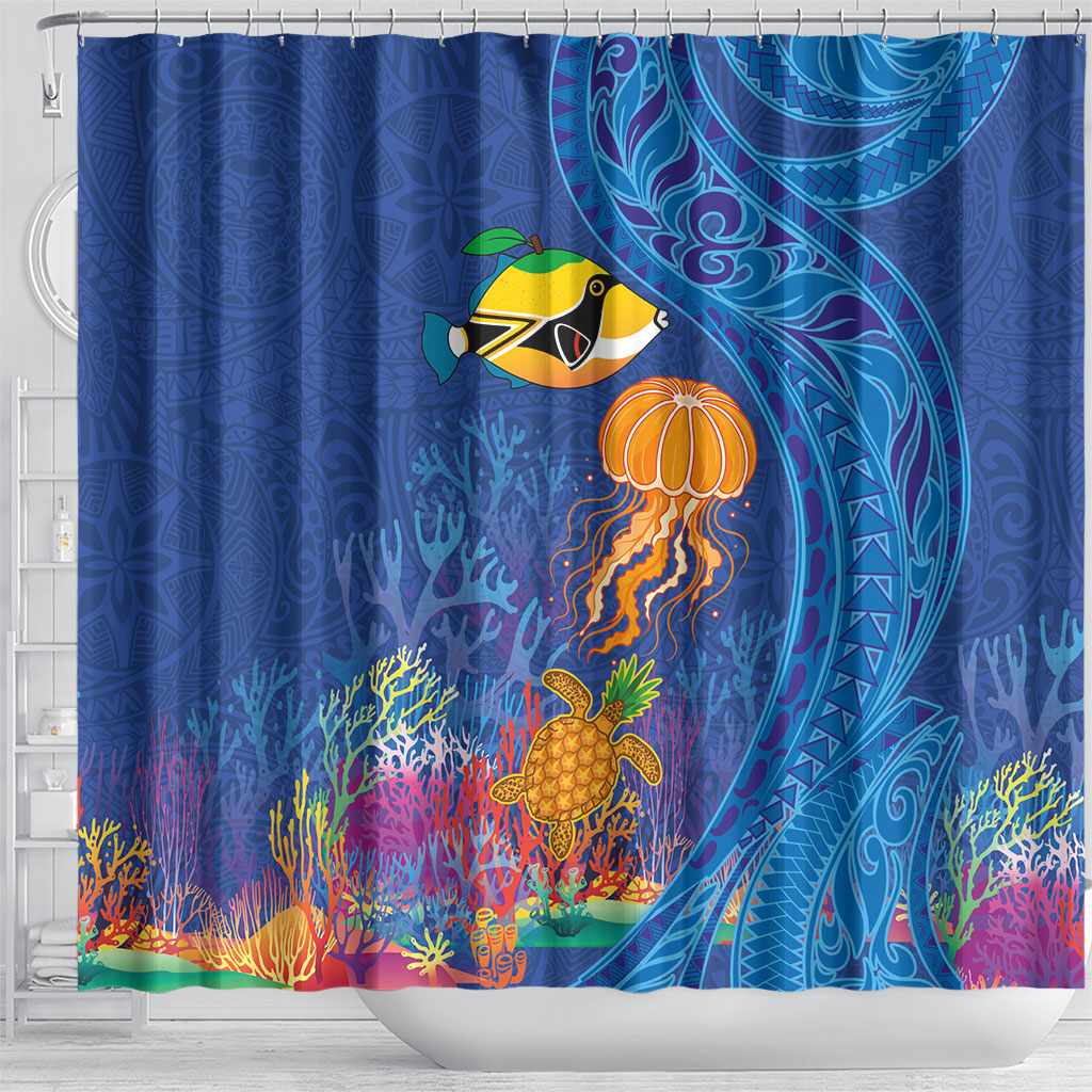 Hawaiian Funny Fruits Sea Animals Shower Curtain Mango Reef Triggerfish and Pineapple Turtle and Mandarin Jellyfish LT03 - Polynesian Pride