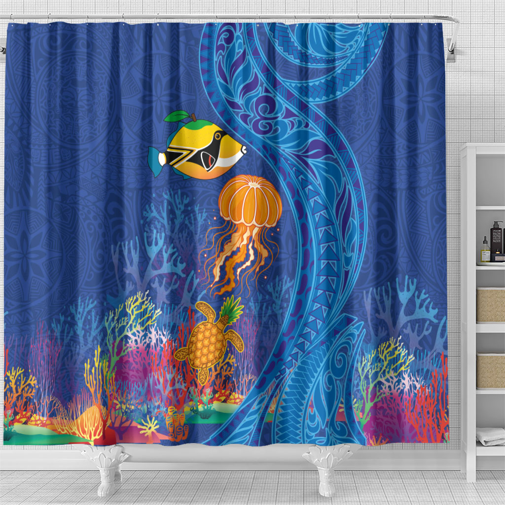 Hawaiian Funny Fruits Sea Animals Shower Curtain Mango Reef Triggerfish and Pineapple Turtle and Mandarin Jellyfish LT03 - Polynesian Pride