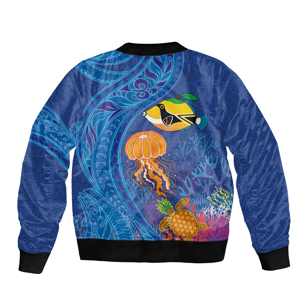 Hawaiian Funny Fruits Sea Animals Sleeve Zip Bomber Jacket Mango Reef Triggerfish and Pineapple Turtle and Mandarin Jellyfish LT03 - Polynesian Pride