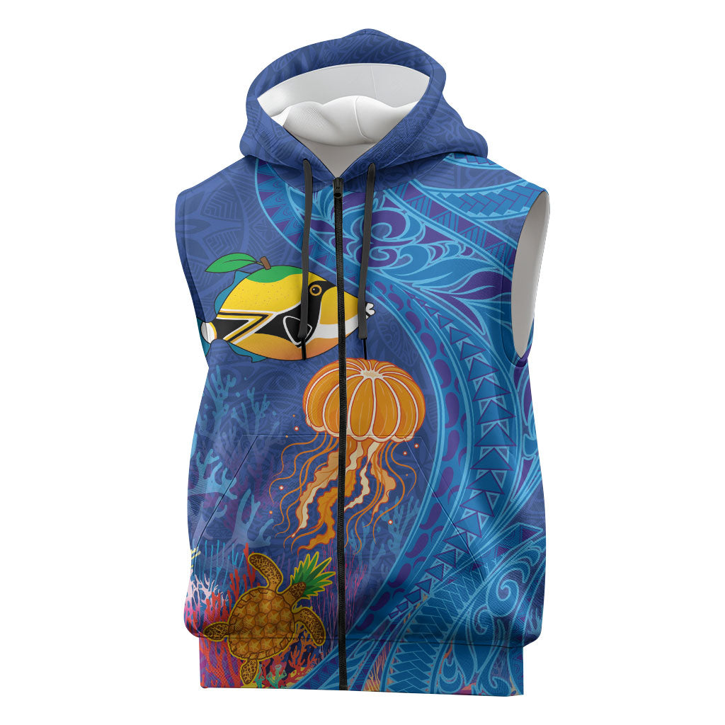 Hawaiian Funny Fruits Sea Animals Sleeveless Zip Hoodie Mango Reef Triggerfish and Pineapple Turtle and Mandarin Jellyfish LT03 Blue - Polynesian Pride