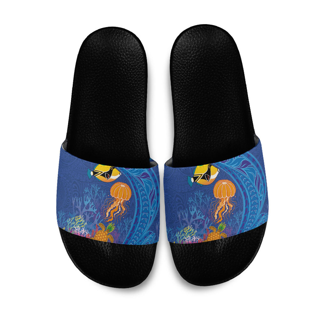 Hawaiian Funny Fruits Sea Animals Slide Sandals Mango Reef Triggerfish and Pineapple Turtle and Mandarin Jellyfish LT03 Blue - Polynesian Pride
