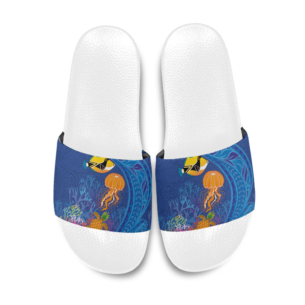 Hawaiian Funny Fruits Sea Animals Slide Sandals Mango Reef Triggerfish and Pineapple Turtle and Mandarin Jellyfish LT03 Blue - Polynesian Pride