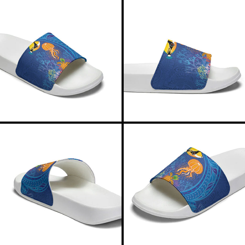 Hawaiian Funny Fruits Sea Animals Slide Sandals Mango Reef Triggerfish and Pineapple Turtle and Mandarin Jellyfish LT03 - Polynesian Pride