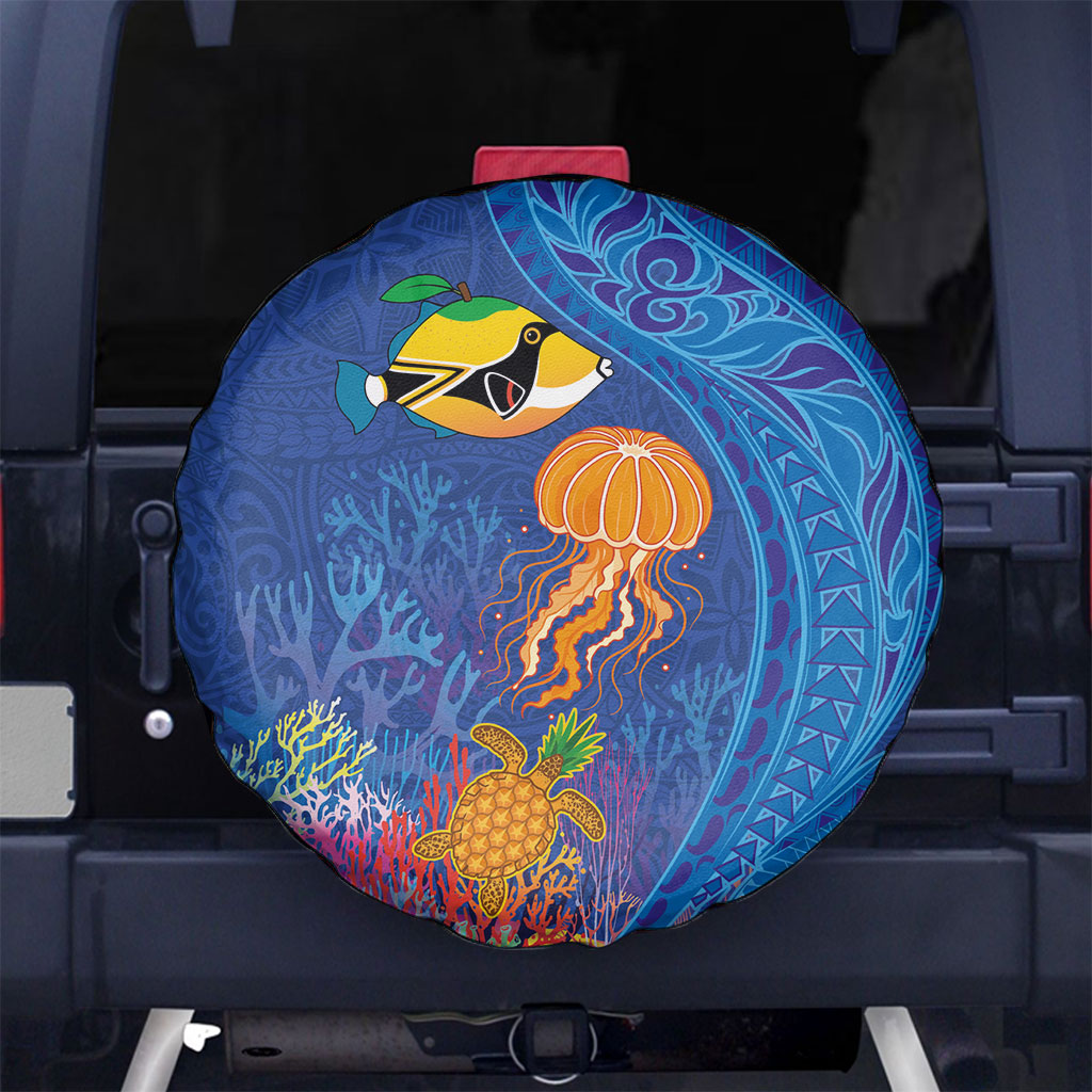 Hawaiian Funny Fruits Sea Animals Spare Tire Cover Mango Reef Triggerfish and Pineapple Turtle and Mandarin Jellyfish LT03 No hole Blue - Polynesian Pride