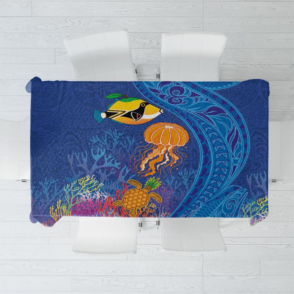 Hawaiian Funny Fruits Sea Animals Tablecloth Mango Reef Triggerfish and Pineapple Turtle and Mandarin Jellyfish LT03 Blue - Polynesian Pride
