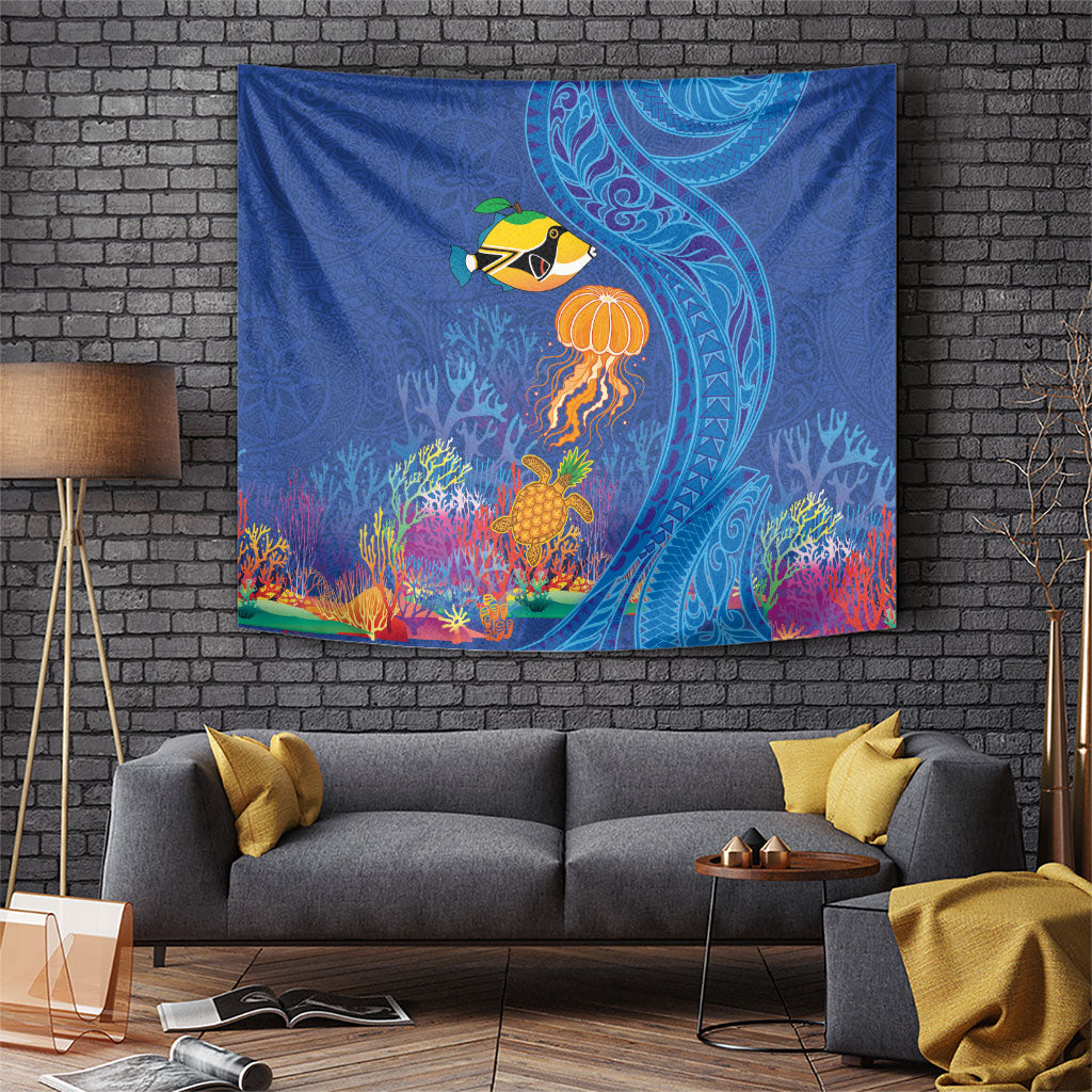 Hawaiian Funny Fruits Sea Animals Tapestry Mango Reef Triggerfish and Pineapple Turtle and Mandarin Jellyfish LT03 Blue - Polynesian Pride