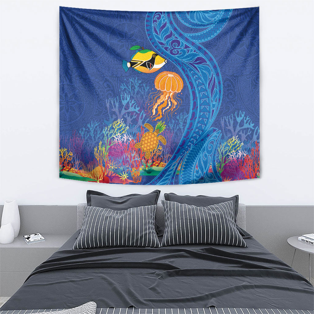 Hawaiian Funny Fruits Sea Animals Tapestry Mango Reef Triggerfish and Pineapple Turtle and Mandarin Jellyfish LT03 - Polynesian Pride