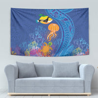Hawaiian Funny Fruits Sea Animals Tapestry Mango Reef Triggerfish and Pineapple Turtle and Mandarin Jellyfish LT03 - Polynesian Pride