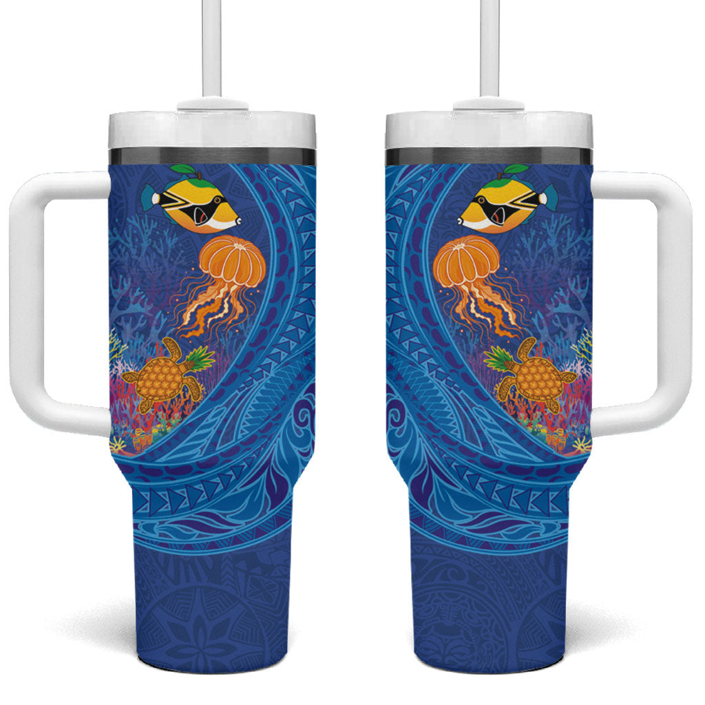 Hawaiian Funny Fruits Sea Animals Tumbler With Handle Mango Reef Triggerfish and Pineapple Turtle and Mandarin Jellyfish LT03 One Size: 40 oz Blue - Polynesian Pride