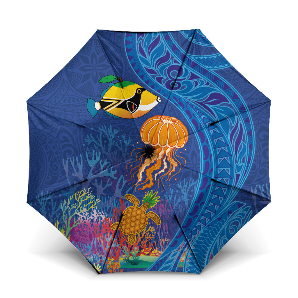 Hawaiian Funny Fruits Sea Animals Umbrella Mango Reef Triggerfish and Pineapple Turtle and Mandarin Jellyfish LT03 One Size Folded 11.42 inch Opened Diameter 37.4 inch Blue - Polynesian Pride