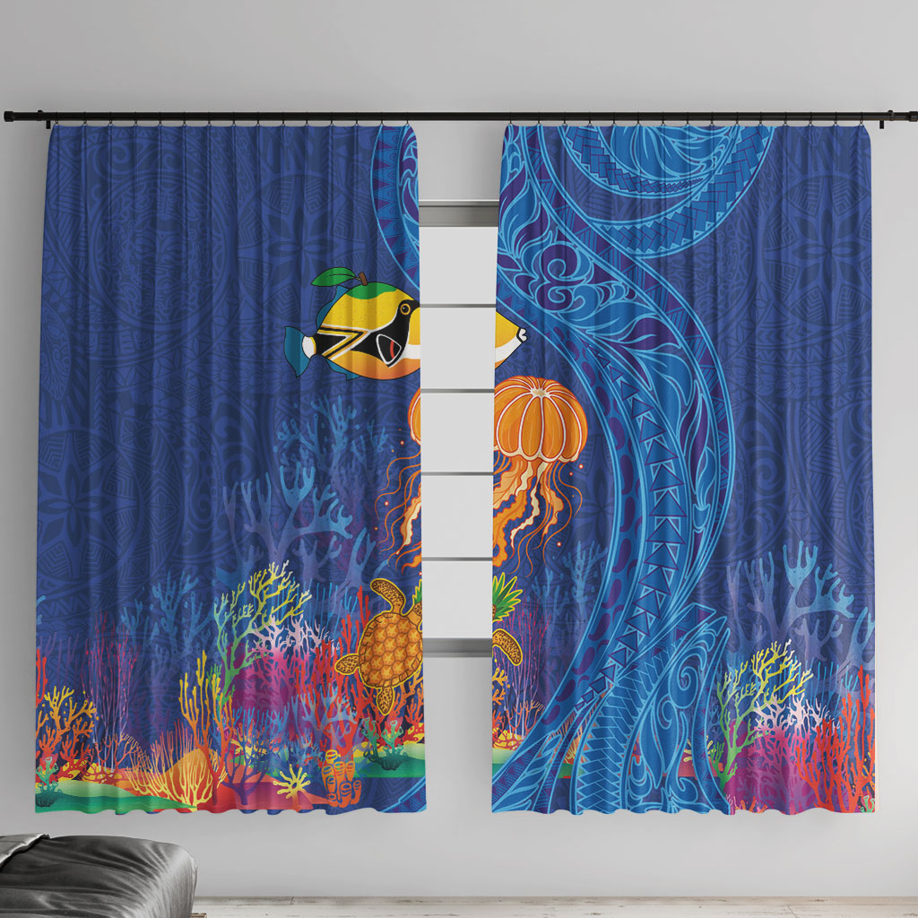 Hawaiian Funny Fruits Sea Animals Window Curtain Mango Reef Triggerfish and Pineapple Turtle and Mandarin Jellyfish LT03 With Hooks Blue - Polynesian Pride