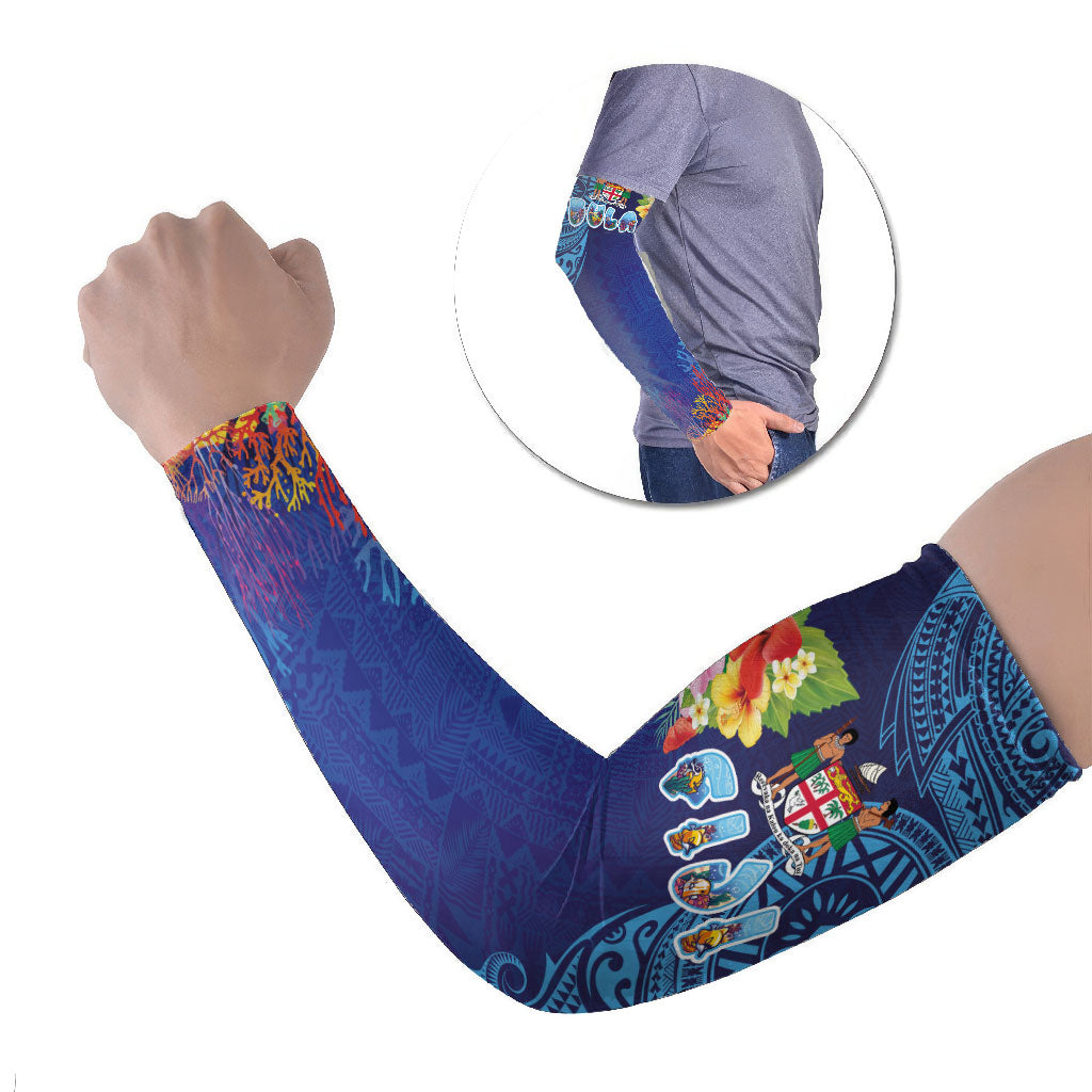 Fiji Day Arm Sleeves Coral Reef with Tapa Motifs and Hibiscus Ocean Vibe LT03 Set of 2 Blue - Polynesian Pride