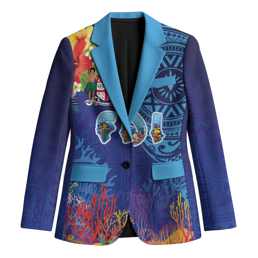 Fiji Day Blazer Coral Reef with Tapa Motifs and Hibiscus Ocean Vibe LT03 Unisex Blue - Polynesian Pride