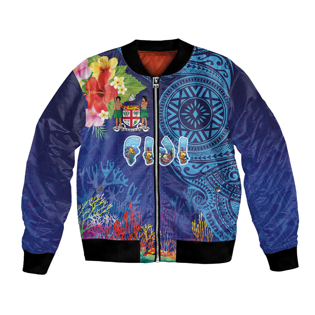Fiji Day Bomber Jacket Coral Reef with Tapa Motifs and Hibiscus Ocean Vibe LT03 Unisex Blue - Polynesian Pride