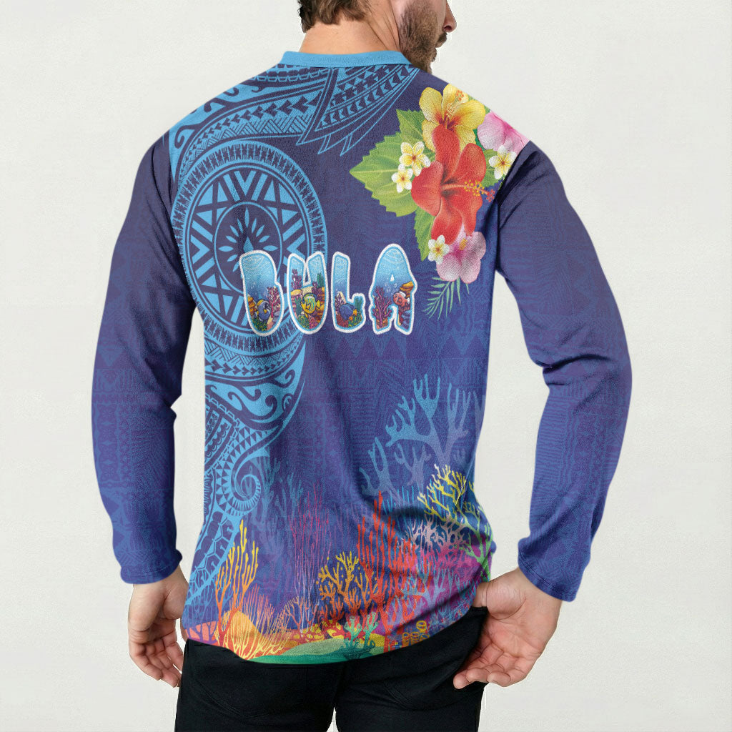 Fiji Day Button Sweatshirt Coral Reef with Tapa Motifs and Hibiscus Ocean Vibe LT03 - Polynesian Pride