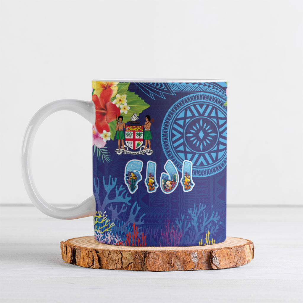 Fiji Day Ceramic Mug Coral Reef with Tapa Motifs and Hibiscus Ocean Vibe LT03 Blue - Polynesian Pride