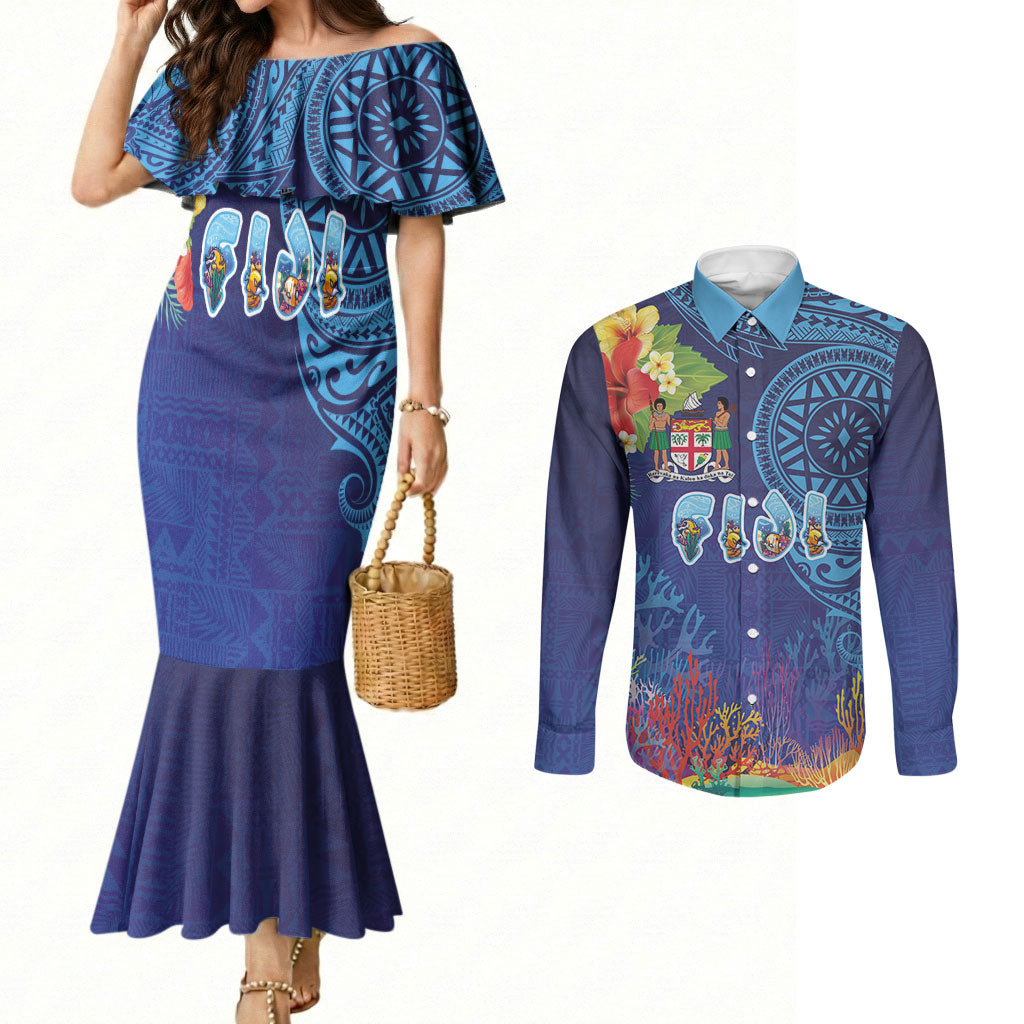 Fiji Day Couples Matching Mermaid Dress and Long Sleeve Button Shirt Coral Reef with Tapa Motifs and Hibiscus Ocean Vibe LT03 Blue - Polynesian Pride