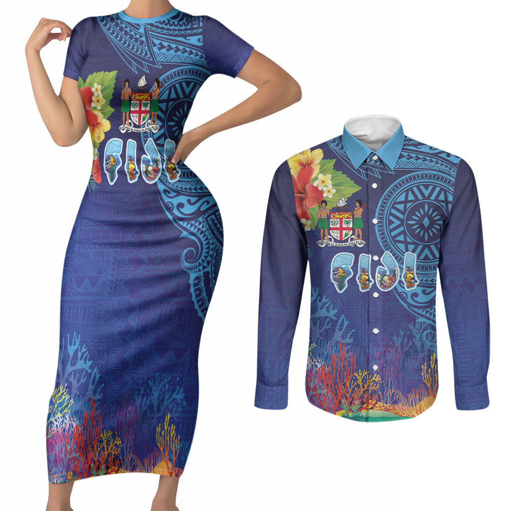 Fiji Day Couples Matching Short Sleeve Bodycon Dress and Long Sleeve Button Shirt Coral Reef with Tapa Motifs and Hibiscus Ocean Vibe