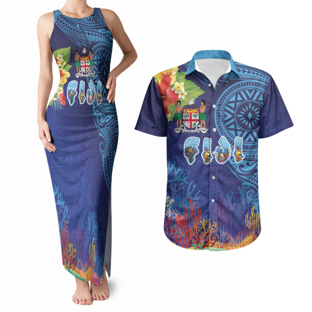 Fiji Day Couples Matching Tank Maxi Dress and Hawaiian Shirt Coral Reef with Tapa Motifs and Hibiscus Ocean Vibe LT03 Blue - Polynesian Pride