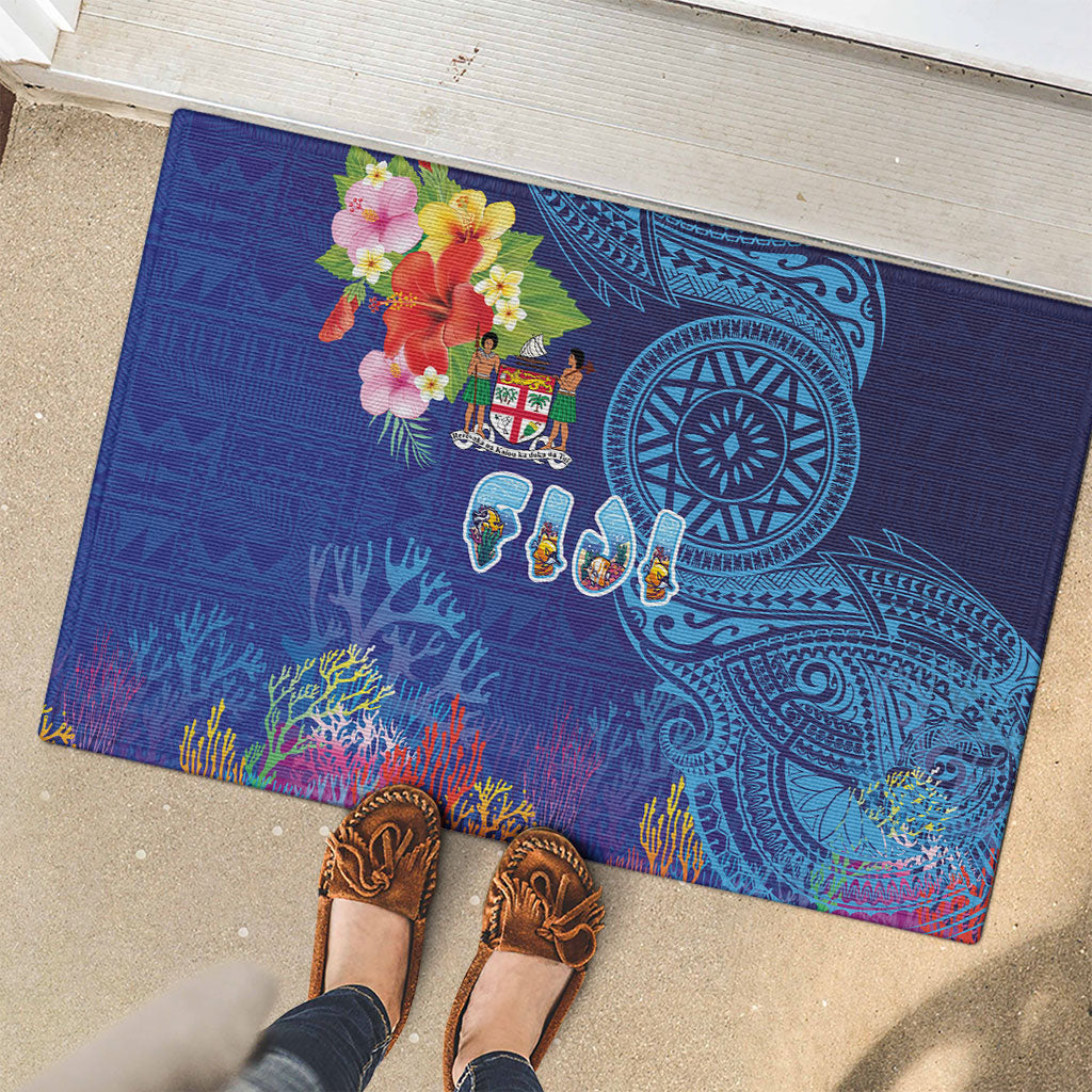 Fiji Day Rubber Doormat Coral Reef with Tapa Motifs and Hibiscus Ocean Vibe LT03 - Polynesian Pride