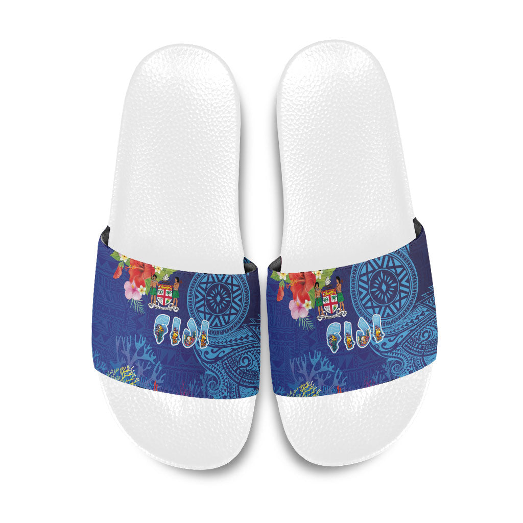 Fiji Day Slide Sandals Coral Reef with Tapa Motifs and Hibiscus Ocean Vibe LT03 Blue - Polynesian Pride