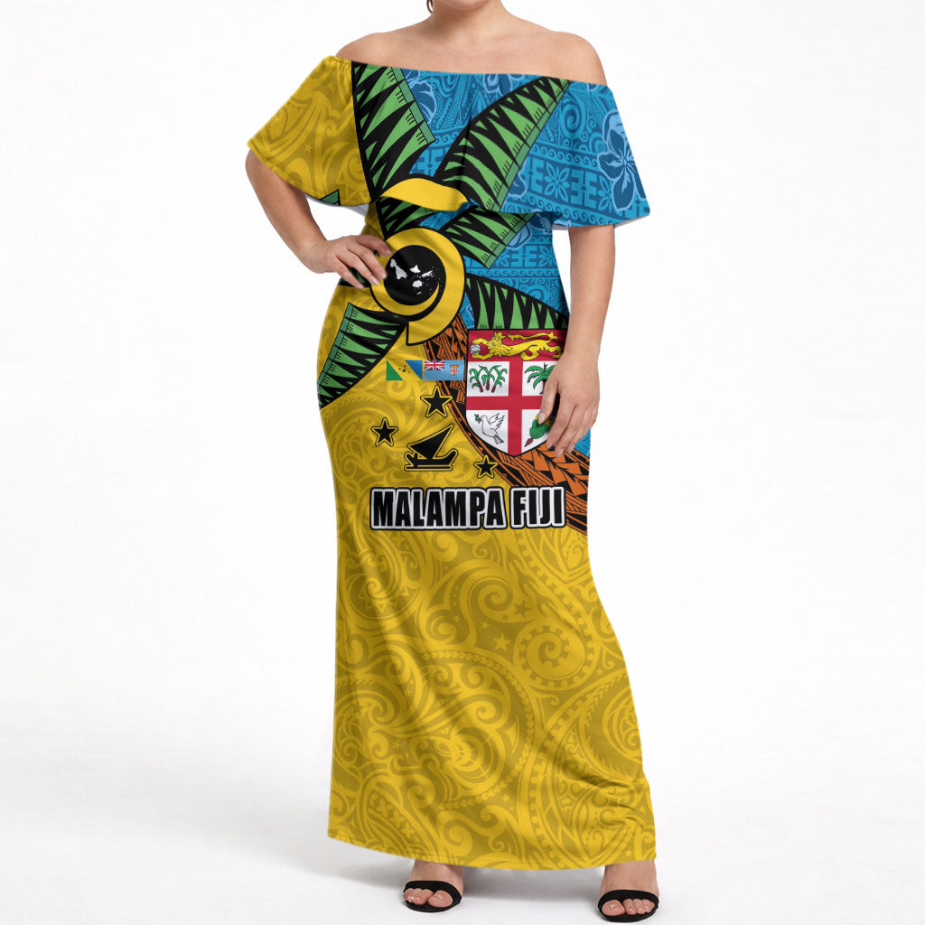 Malampa Fiji Day Off Shoulder Maxi Dress Tapa and Melanesian Patterns with Coat of Arms LT03 Women Multicolor - Polynesian Pride