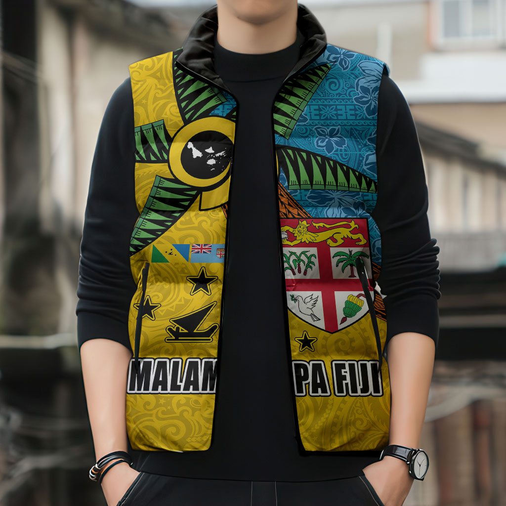 Malampa Fiji Day Sleeveless Puffer Jacket Tapa and Melanesian Patterns with Coat of Arms LT03 - Polynesian Pride