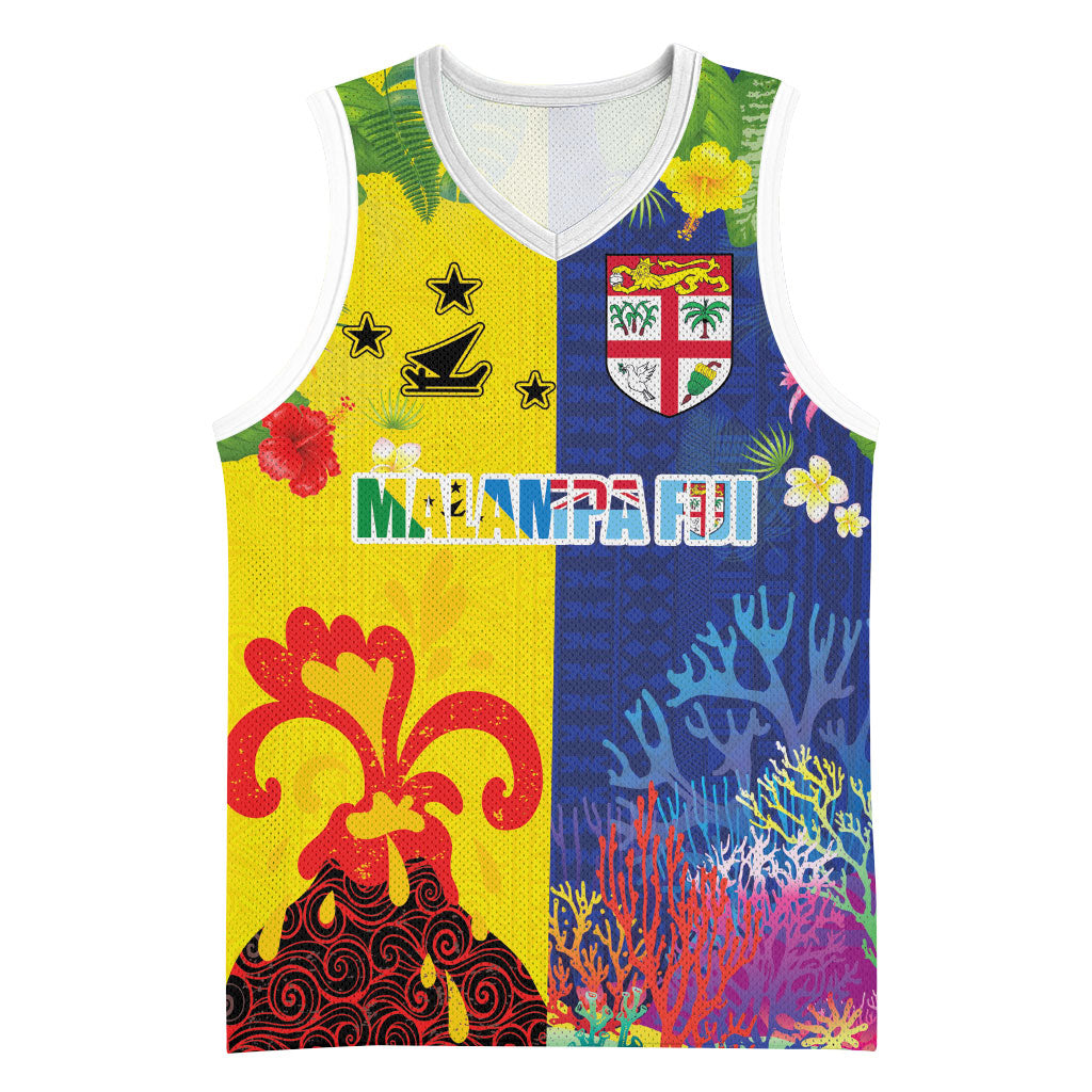 Malampa Fiji Day Basketball Jersey Volcano and Coral Reef with Culture Patterns Split Style LT03 Unisex Multicolor - Polynesian Pride