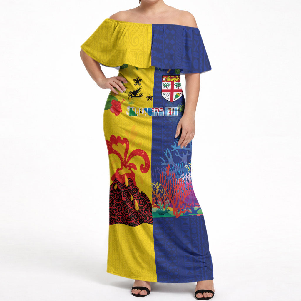 Malampa Fiji Day Off Shoulder Maxi Dress Volcano and Coral Reef with Culture Patterns Split Style LT03 Women Multicolor - Polynesian Pride