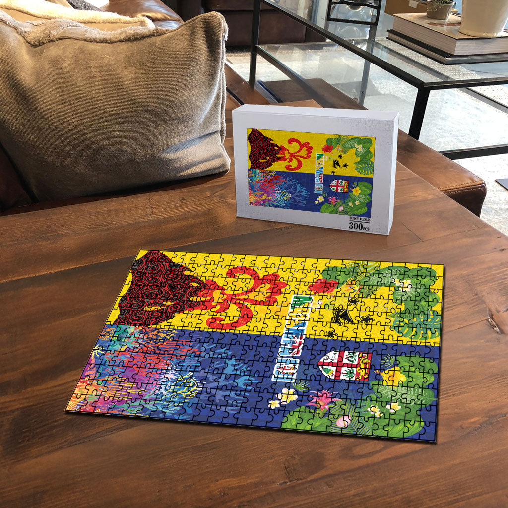 Malampa Fiji Day Puzzle Volcano and Coral Reef with Culture Patterns Split Style LT03 - Polynesian Pride