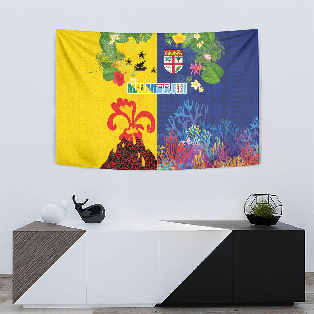 Malampa Fiji Day Tapestry Volcano and Coral Reef with Culture Patterns Split Style LT03 - Polynesian Pride