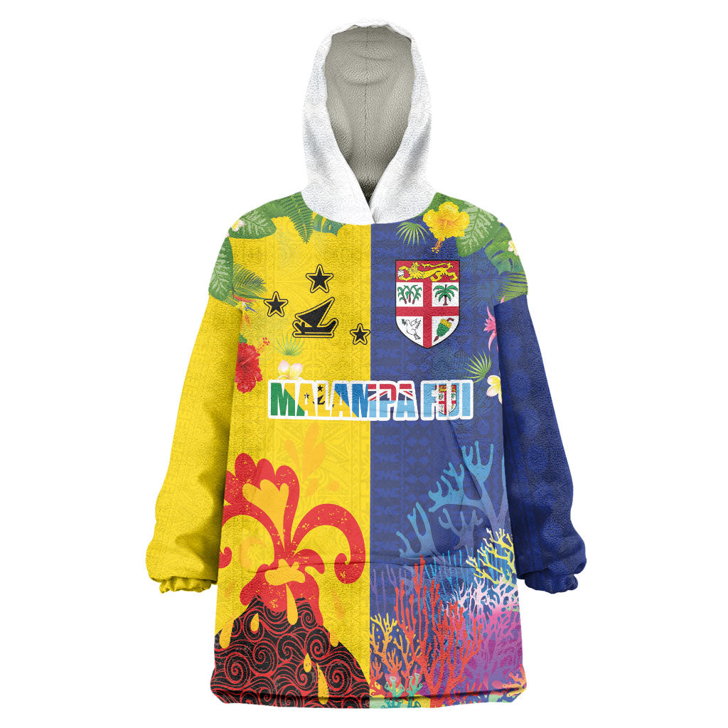 Malampa Fiji Day Wearable Blanket Hoodie Volcano and Coral Reef with Culture Patterns Split Style
