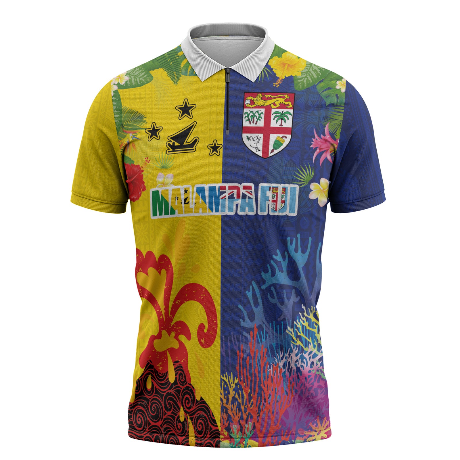 Malampa Fiji Day Zipper Polo Shirt Volcano and Coral Reef with Culture Patterns Split Style LT03 Multicolor - Polynesian Pride