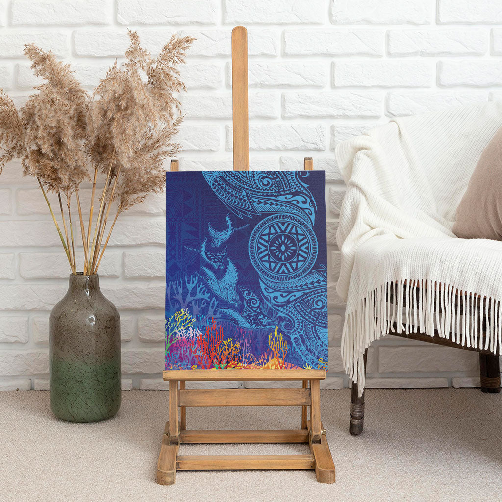 Fijian Tribal Manta Ray Canvas Wall Art Masi Motif with Coral Reef Ocean Vibe LT03 - Polynesian Pride