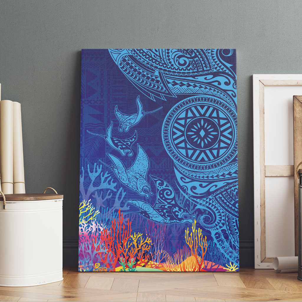 Fijian Tribal Manta Ray Canvas Wall Art Masi Motif with Coral Reef Ocean Vibe LT03 - Polynesian Pride