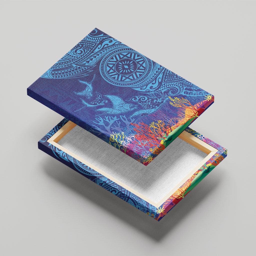 Fijian Tribal Manta Ray Canvas Wall Art Masi Motif with Coral Reef Ocean Vibe LT03 - Polynesian Pride