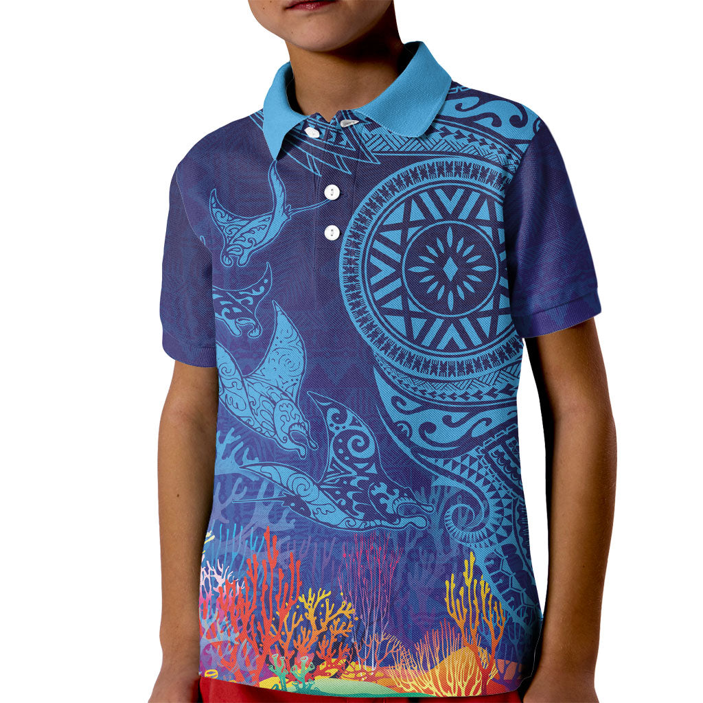 Fijian Tribal Manta Ray Kid Polo Shirt Masi Motif with Coral Reef Ocean Vibe LT03 Kid Blue - Polynesian Pride